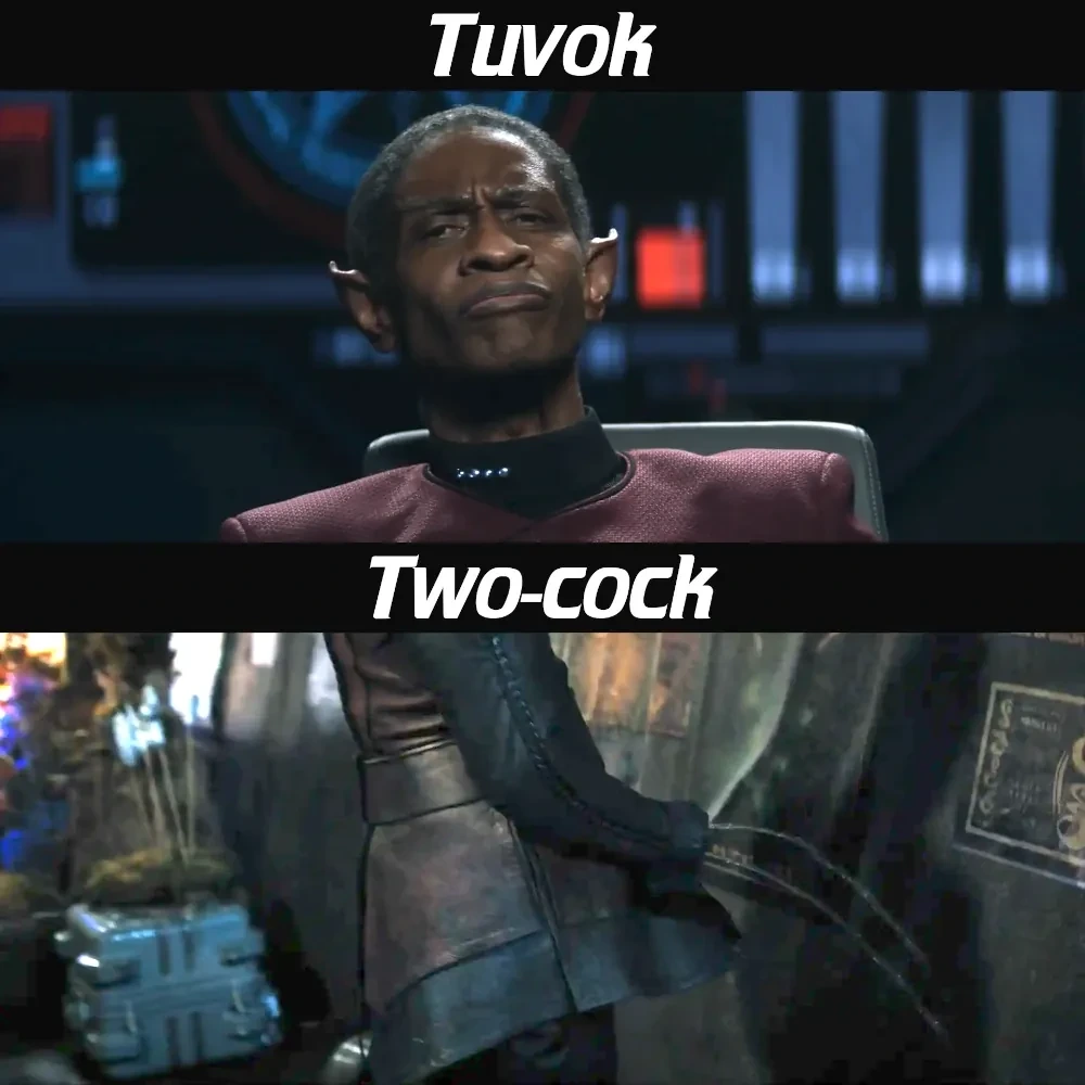 First panel, labeled "Tuvok", depicting Tuvok (technically actually a changeling impersonating Tuvok). Second panel, labeled "Two-cock", depicting a Klingon who is urinating two streams of urine