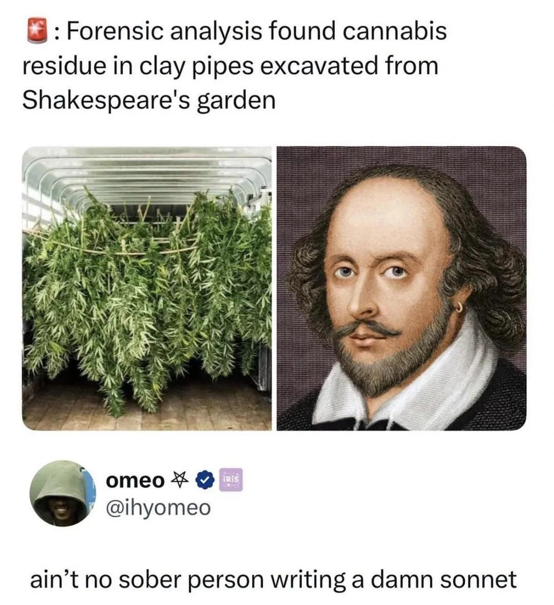 Photo of cannabis and a painting of Shakespear captioned: Forensic analysis found cannabis residue in clay pipes excavated from Shakespeare's garden.

Reply by omeo: ain’t no sober person writing a damn sonnet
