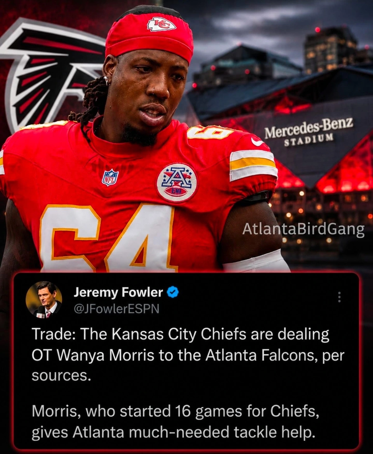 The Kansas City Chiefs are dealing OT Wanya Morris to the Atlanta Falcons, per sources. Morris, who started 16 games for Chiefs, gives Atlanta much-needed tackle help.