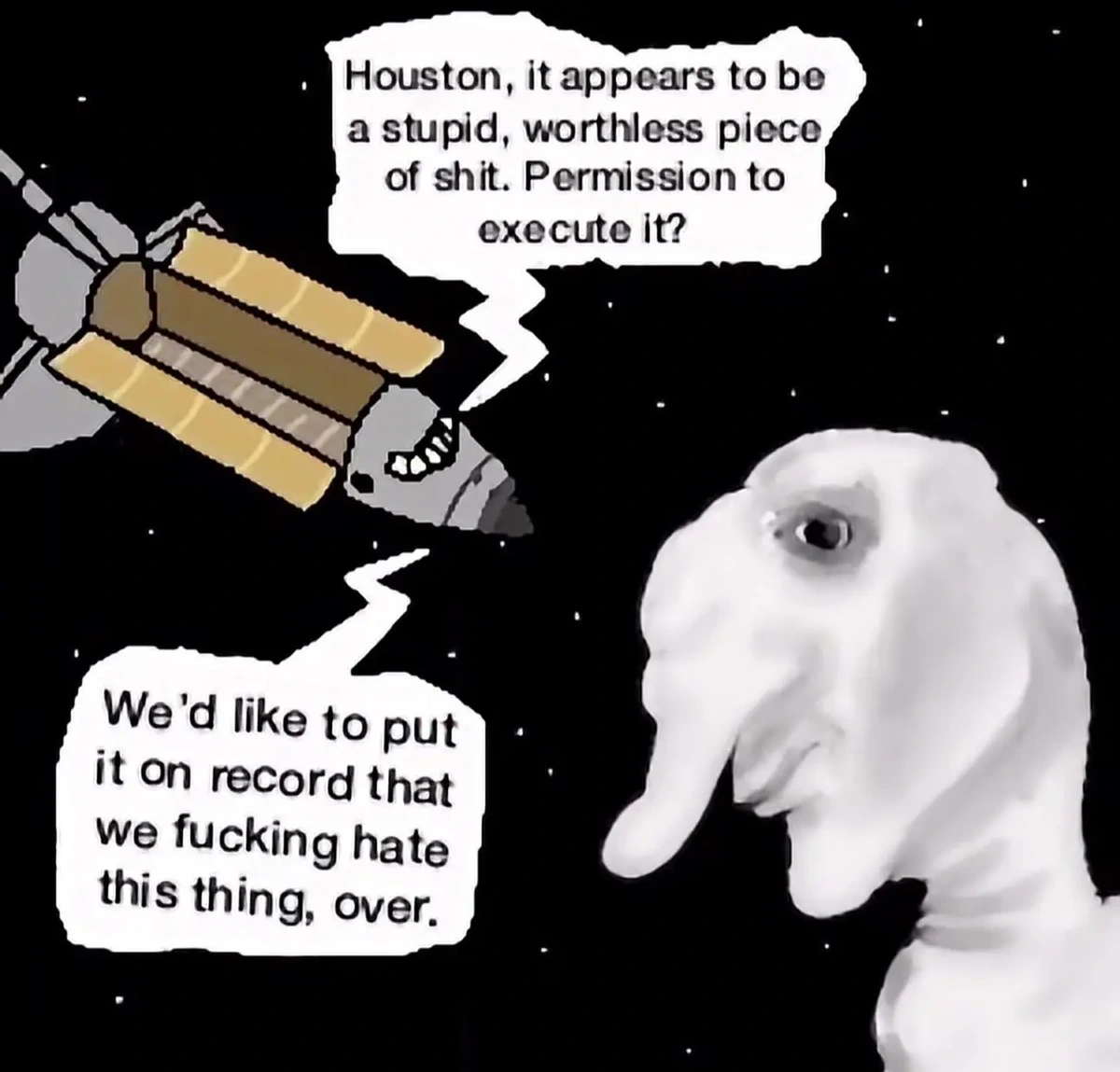 Astronauts encounter an inscrutable being in the depths of space, neg the being, rule