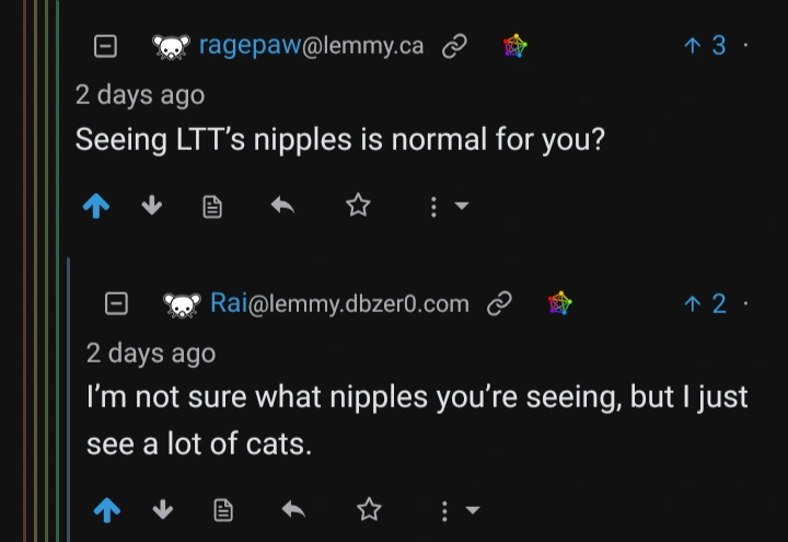 Screenshot from lemmy. Ragepaw: "Seeing LTT's nipples is normal for you?" Rai: "I don't know what nipples you're seeing, but I just see a lot of cats."