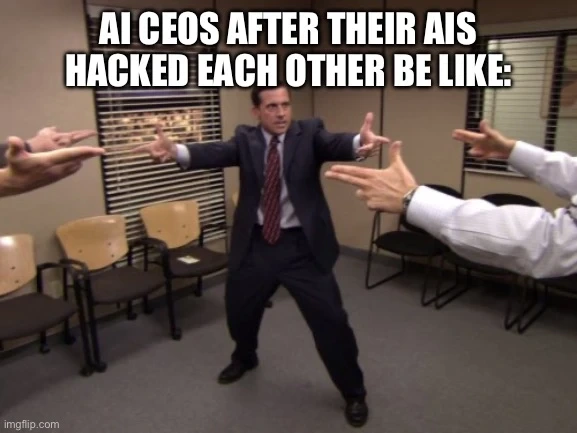 CEOs of AI holding a meeting to discuss the recent incidents of AI-on-AI hacks