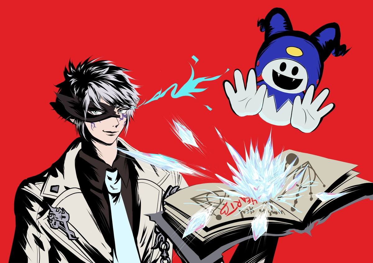 Warrior of light Icypole Baguette from Final Fantasy XIV. Elezen with silver hair and purple facial markings wearing the scion adventurer's set as a summoner. He's summoning Jack Frost, who is using an ice spell aimed at... you. "You're next, hee-ho!". The artwork is painted in the style of Persona 5.
Persona 5 x Final Fantasy 14 crossover fan art painted by Jasmint in Krita.