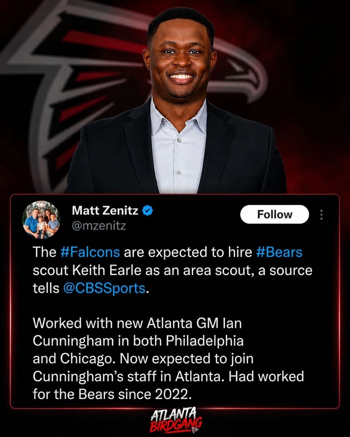 The #Falcons are expected to hire #Bears scout Keith Earle as an area scout, a source tells @CBSSports. Worked with new Atlanta GM lan Cunningham in both Philadelphia and Chicago. Now expected to join Cunningham's staff in Atlanta. Had worked for the Bears since 2022.