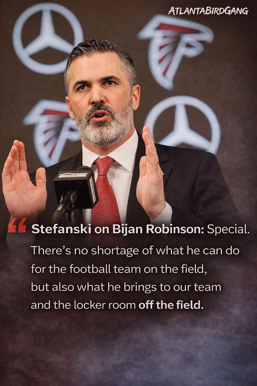 Stefanski on Bijan Robinson: Special. There's no shortage of what he can do for the football team on the field, but also what he brings to our team and the locker room off the field.
